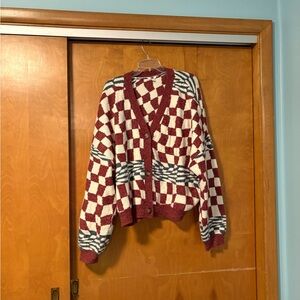 Women's Burgundy & Cream Checkered Button-Up Cardigan